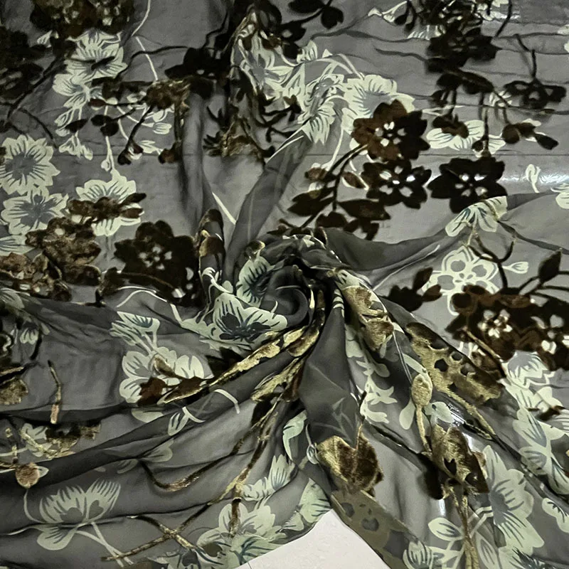 Designer Cloth Silk Non-Inverted Velvet Clothing Fabric Army Green Yellow Hollow out Micro Transparent Dress Cheongsam