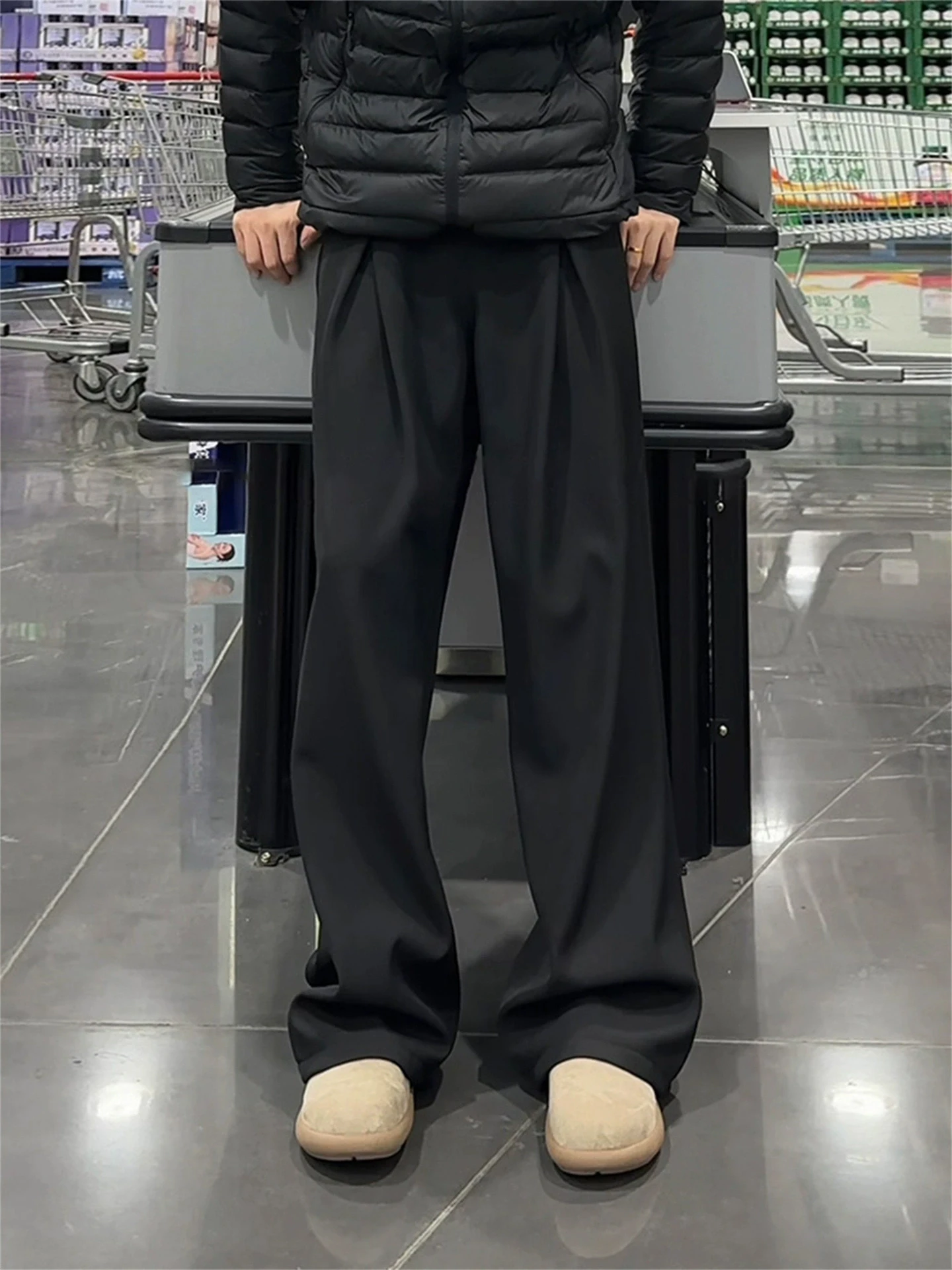 

Bla Thiened Fce Lined Pleated Bootcut Men's Casual Pants Straight Leg Wide Leg A-Line Trousers Autumn Winter Wear