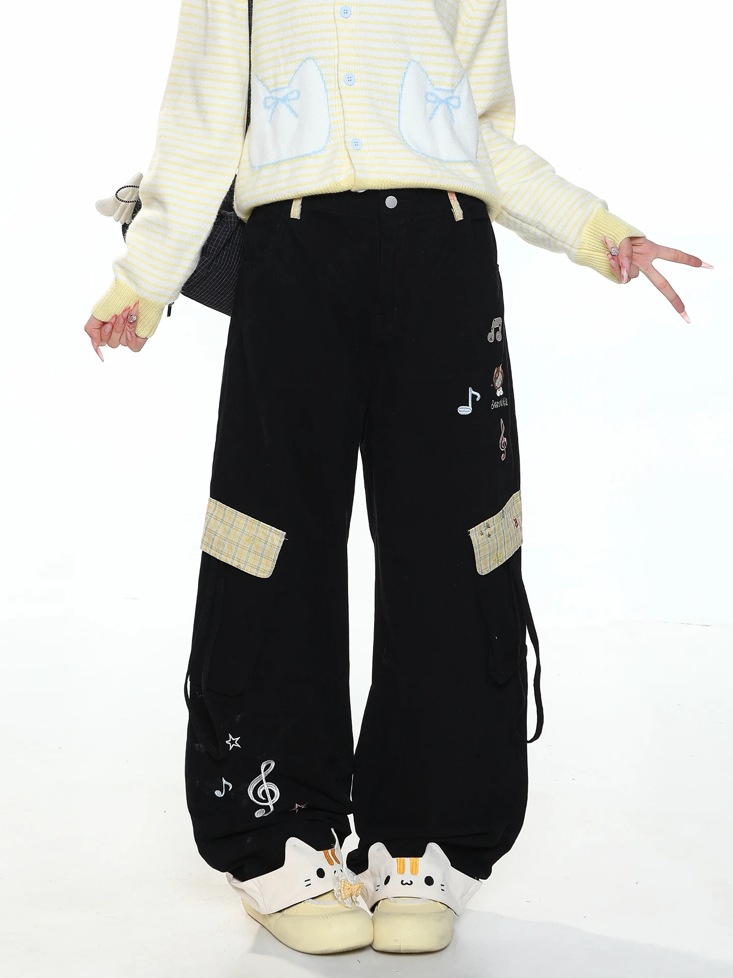 Cartoon Embroidered High Waist Wide Leg Pants Women's Autumn Loose Fitting Casual Trousers Belted Slimming Drapey Long Pants