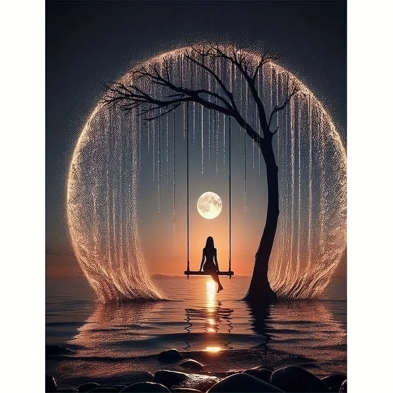 Peinture au diamant Silhouette Lass Swing Glowing Ring Tree Full Moon Sea, Décoration murale au coucher de soleil serein pour la maison, le salon, cadeau