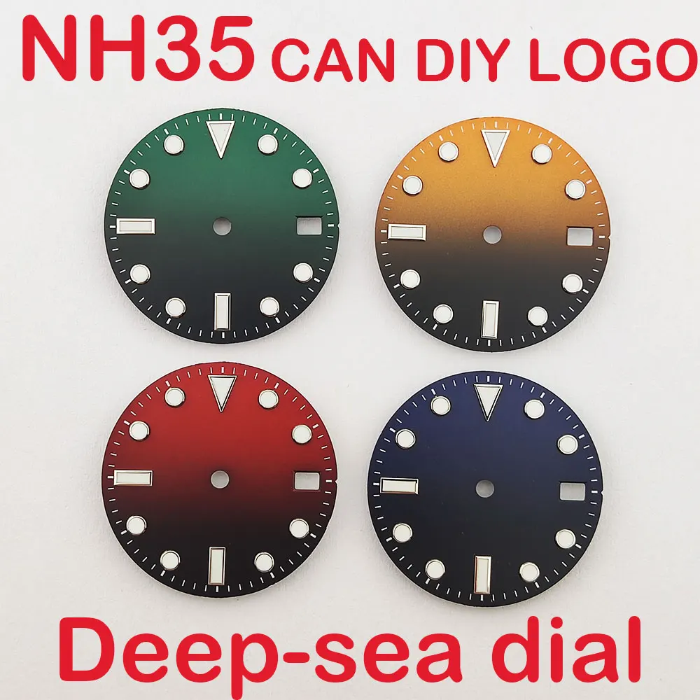 28,5 mm Zifferblatt, einzelnes Kalenderzifferblatt, blau-grünes Leuchtzifferblatt, passend für NH35/36/34 Uhrwerkszubehör, anpassbares Logo-Uhrenzifferblatt