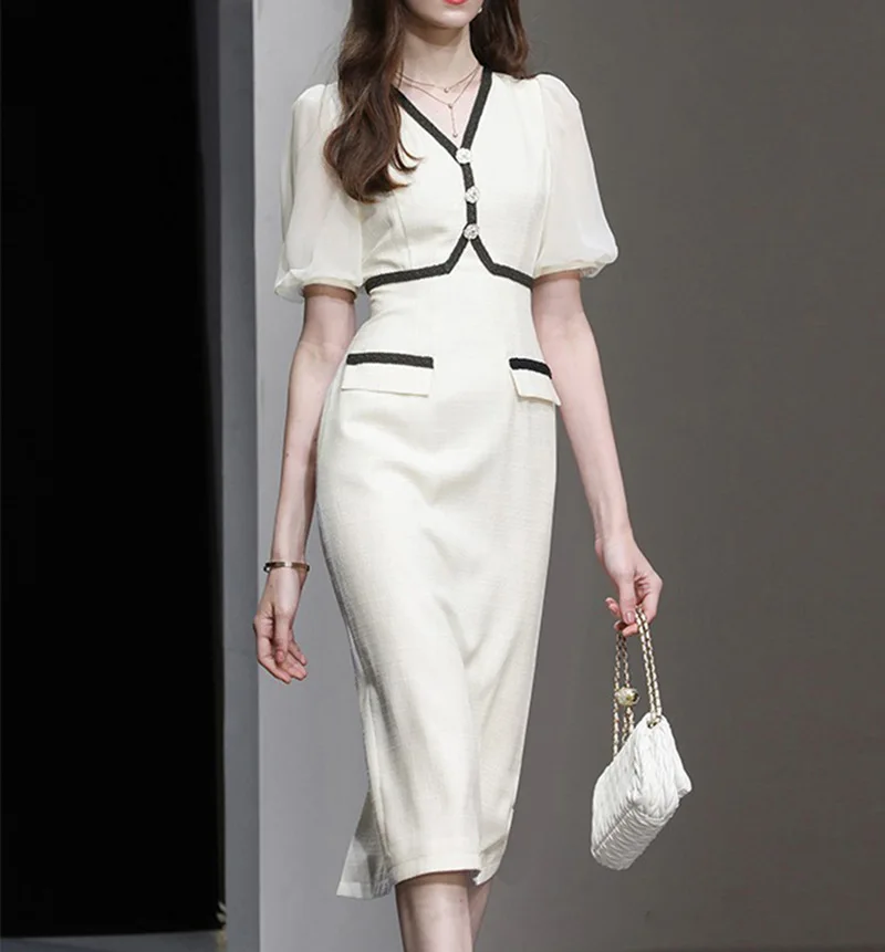 

Elegant Slim Package Hip Dresses Spring Women V Neck Short Sleeved Split Dress Summer High Waist Zipper Casual Knee Length Dress