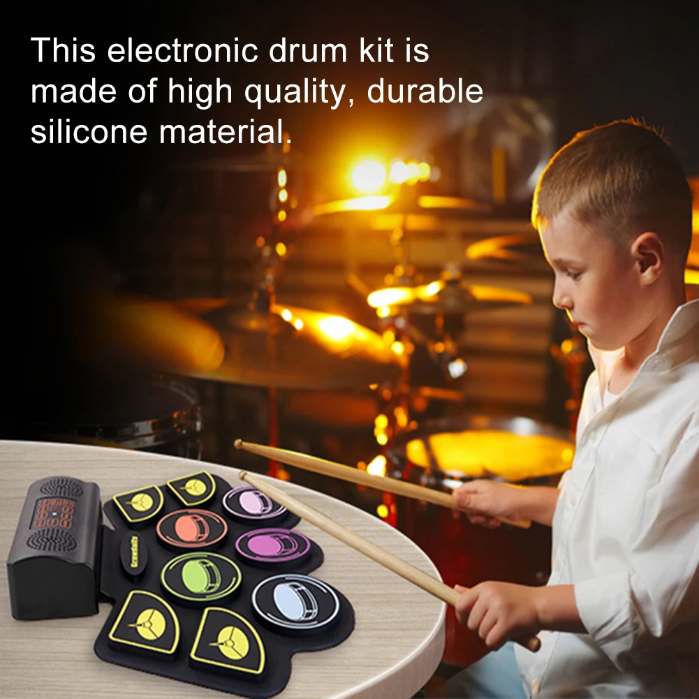 Electronic Drum Set With Drum Sticks Pedals Music Drums 9 Pad Roll-Up Drum Musical Electronic Drums Instrument For Kids Adults