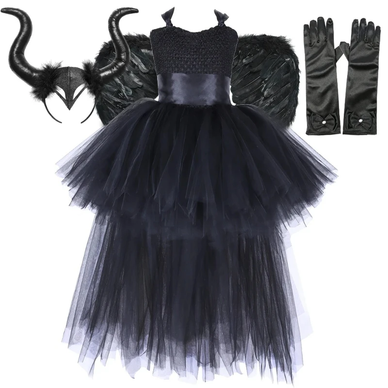 Girls' Dark Witch Halloween Costume Set, Asymmetrical High‑Low Hem Trailing Gown, Dark‑Style Kids' Holiday Party Dress