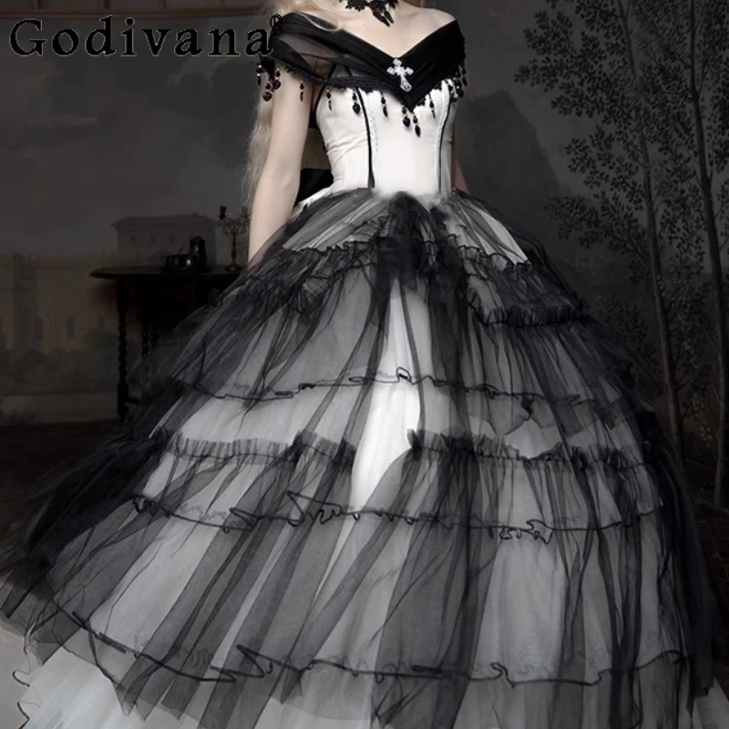 L-4XL Lolita Gothic Large Size Dream Black Gauze Cake Dress Temperament V-Neck Lace-up Tassel High Waist Elegant Long Dresses