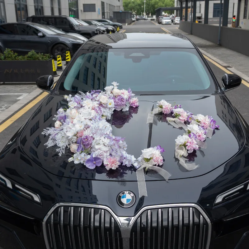 Wedding car decoration front flower wedding car floral arrangement fake flower, wedding props welcome car arrangement finished
