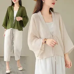 Summer Oversized Loose Bat Sleeves Ramie Cardigan Thin Short Coat Solid V-Neck Lace Up Sun Protection Clothing Women Tops Z1543