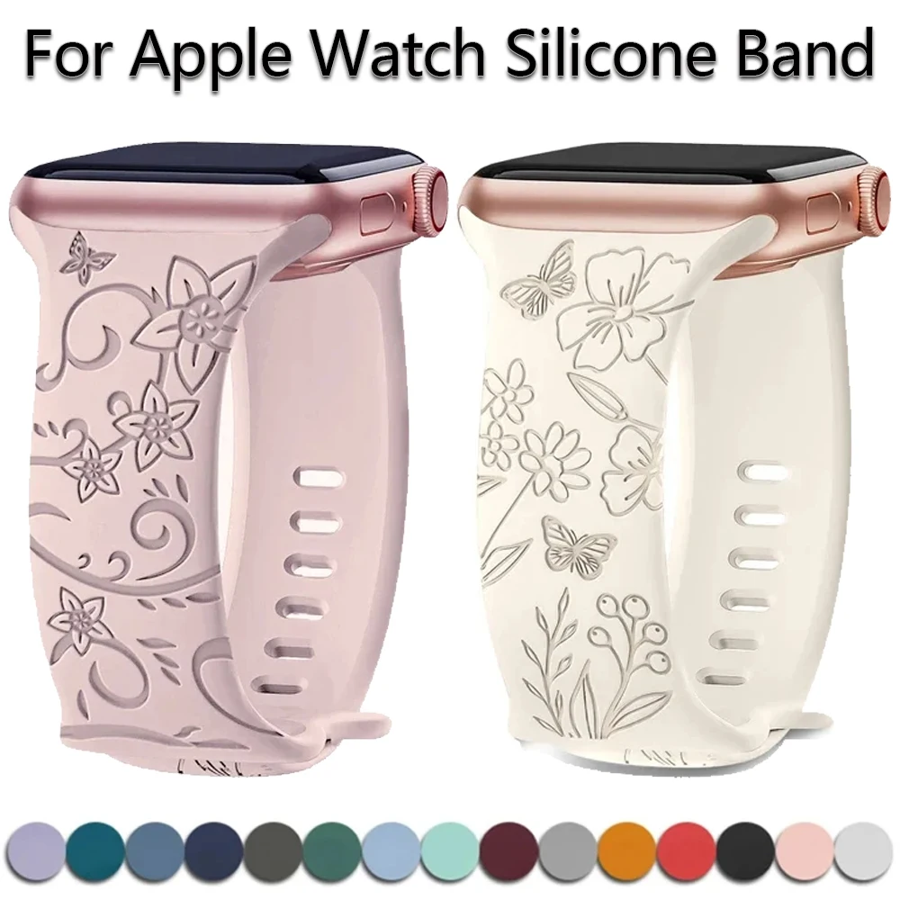 

Floral Engraved Strap for Apple Watch Band 44mm 40mm 41mm 49mm 45mm 42mm Silicone Bracelet For Iwatch Ultra 2 Series 9 7 Se 6 8