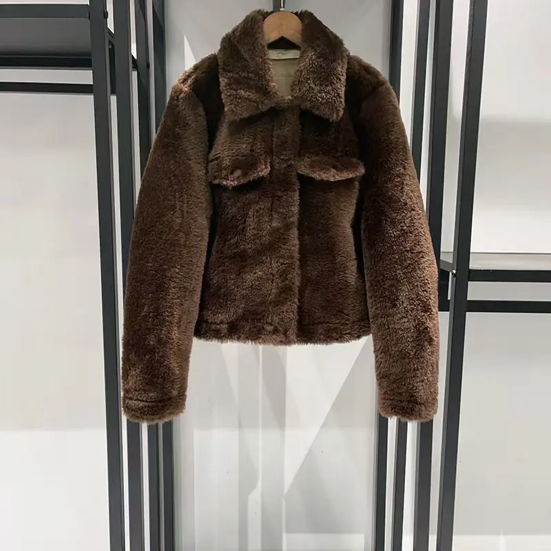 Women's Faux Fur Jacket, Polo Collar Solid Color Coat, Casual Versatile Top, 2025, Winter, New Arrival, Y2K