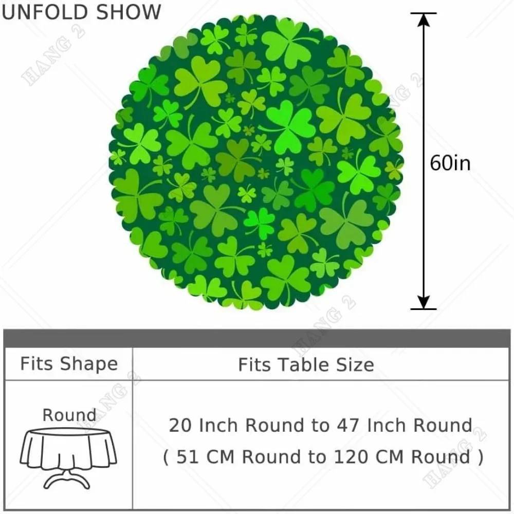 Emerald Green Table Cloth Lucky Shamrock Happy St Patrick's Day Round Tablecloth 60 Inch for Dining Room, Party, Banquet