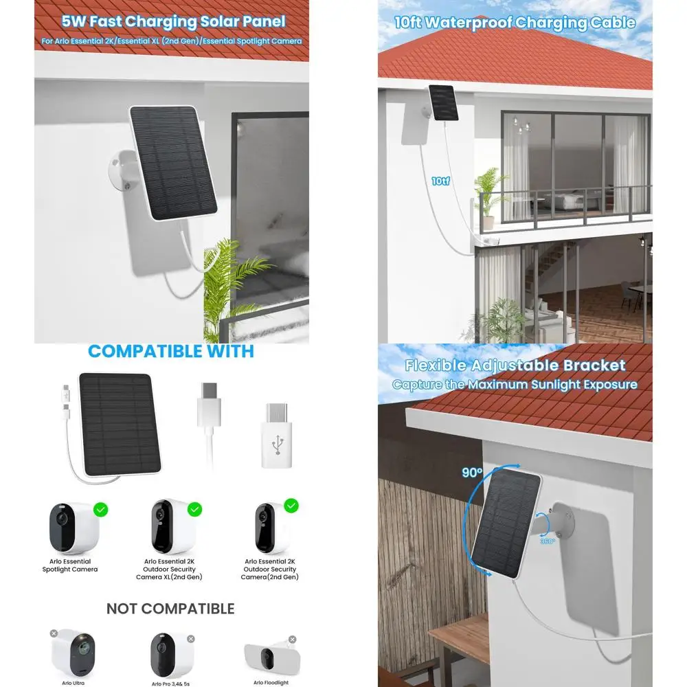 Outdoor 2K Security Camera Compatible 5W Solar Panel with IP65 Waterproof, 10ft Micro USB-C Cable, Wall Mount, 3-Pack