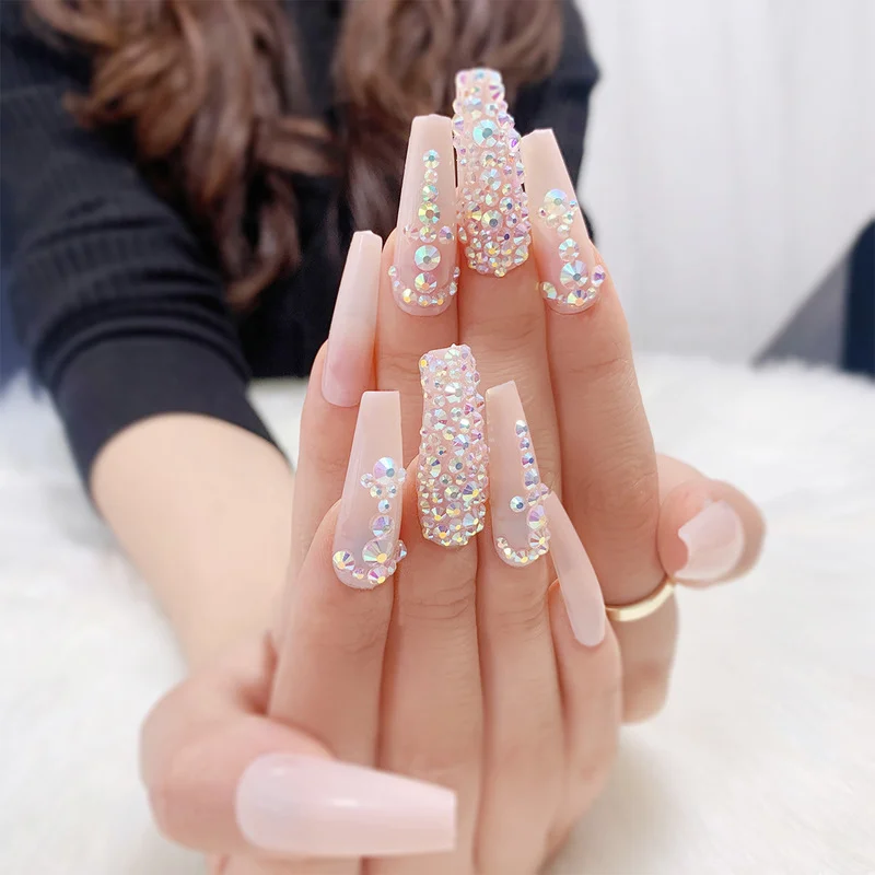 25Pcs/Set Rhinestone Long False Nails Glue Glitter Fake Nails Tips Art French Full Cover Press On Nails Coffin DIY Manicure Set