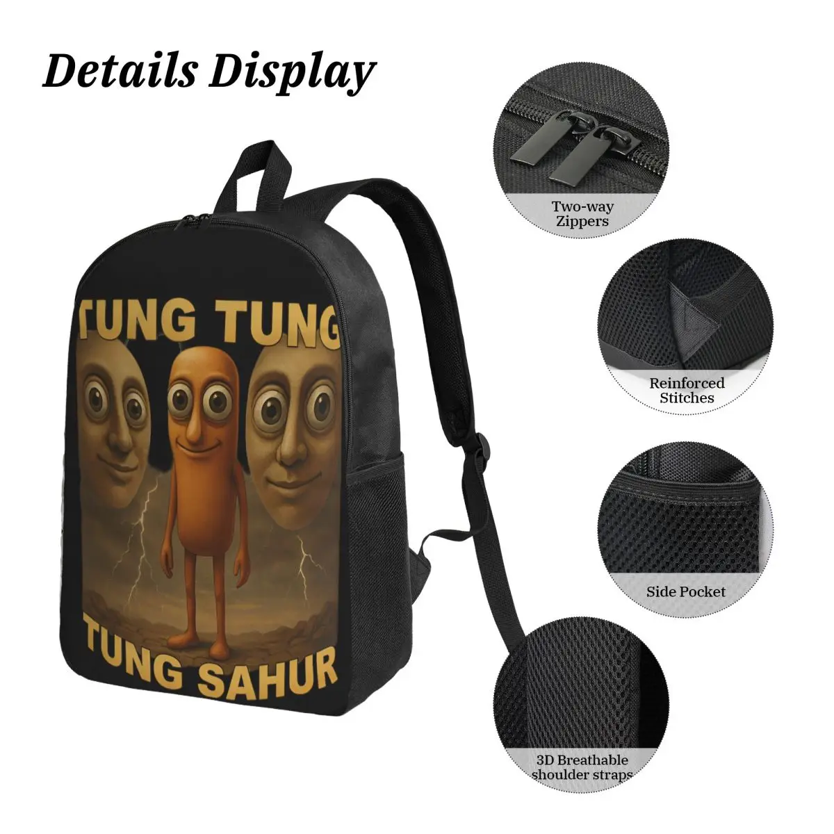 3pecs/set Tung Tung Tung Sahur Backpack for Boys Girls Italian Brainrot Meme High School Canvas Bags Lunch bag Pencil Case