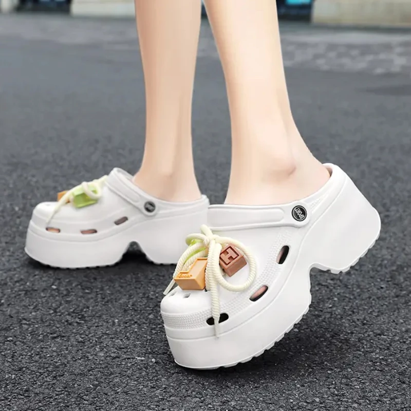 Slippers Women Clogs 9CM Non-Slip Platform Sandals DIY Bow EVA Slippers Beach Outdoor Slides Comfortable Height Increasing Shoes