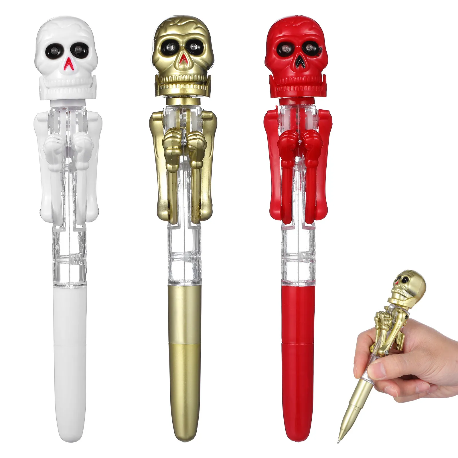 

3Pcs Halloween Themed Ballpoint Pens Pumpkin Skull Shape with Built-in Light Glow in Stationery for Students