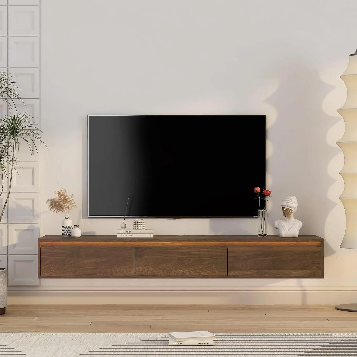 Wall Mounted Floating TV Stand With LED Lights & Power Outlet, High Gloss Storage Console Living Room Bedroom, Customized