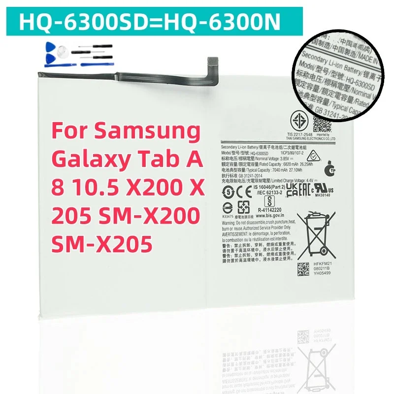 HQ-6300SD HQ-6300N Battery For Samsung Galaxy Tab A8 10.5 X200 X205 SM-X200 SM-X205 Battery 7040mAh + Tools