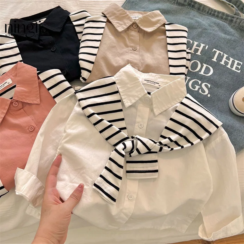 Childrens Autumn Long Sleeve Shawl Shirt Striped Lapel Toddler Girls Shirt Trendy Stylish Korean Fake Two-piece Kids Girls Shirt