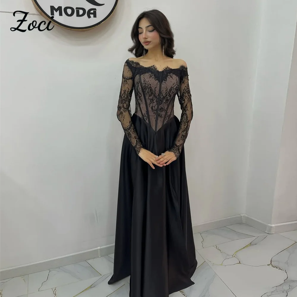 

Zoci Современные черные кружевные вечерние платья Атласные платья с длинными рукавами для свадебных гостей Стильное платье для выпускного вечера по индивидуальному заказу