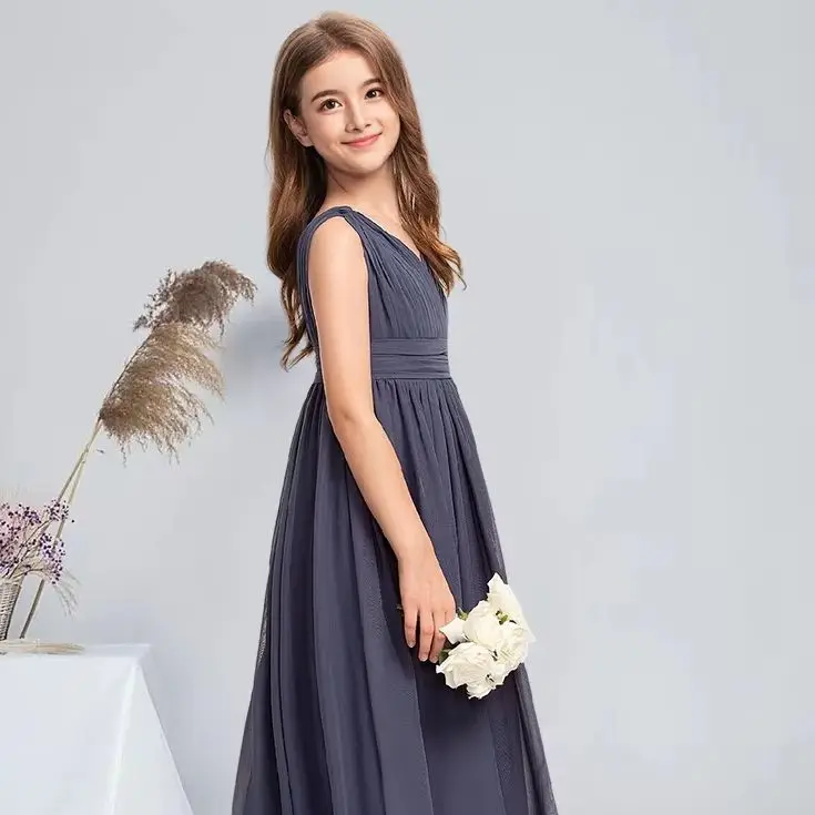 

SW A-line V-Neck Floor-Length Chiffon Junior Bridesmaid Dresses With Pleated Kids Flower Girl Dress Summer Girl Bridesmaid Dress