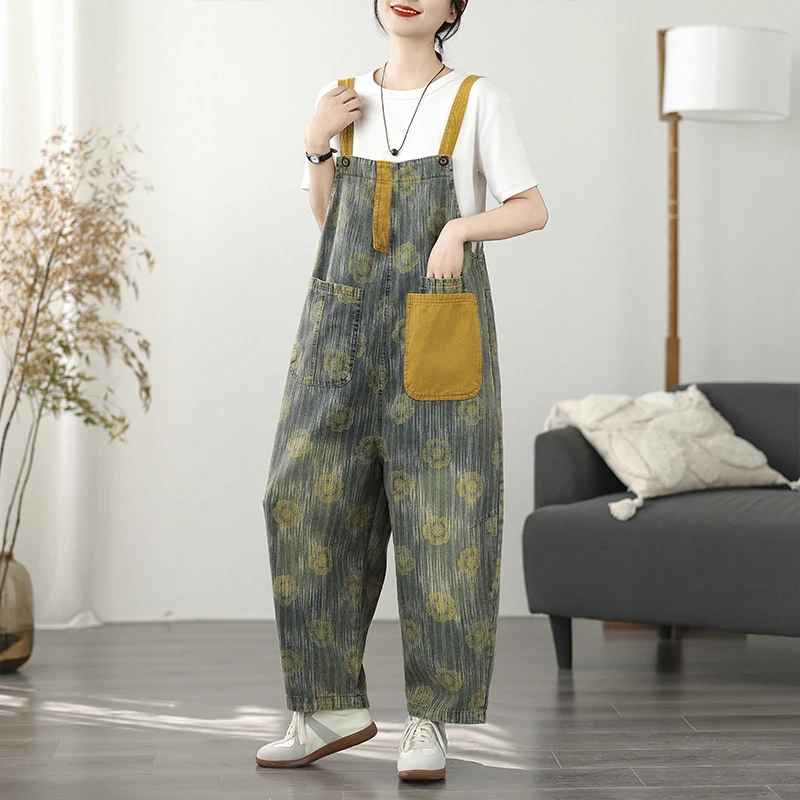 Loose Fit Artistic Large Size Denim Overalls Personalized Print High Waist Cotton Blend Spring Season Women's Fashion
