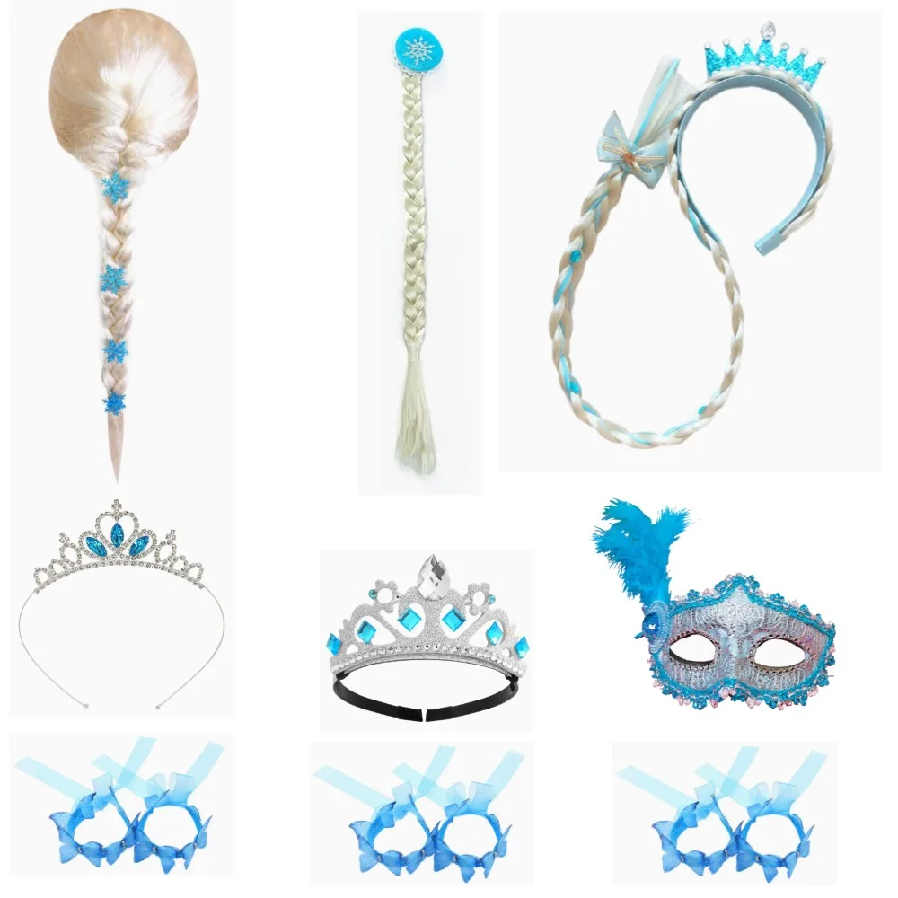 

9pcs Wholesale Snow Queen Girls Princess Dress Blue Accessories Sequin Halloween Birthday Party Wig Crown Mask Dress Up
