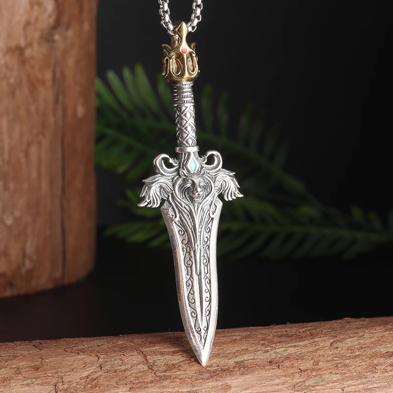 Trendy Retro Style King Arthur's Sword Excalibur Round Table Knight Pendant Necklace Men's Punk Handsome Wear Jewelry