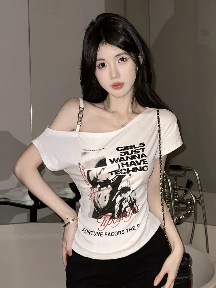 

Sexy Faion Casual oulder Bared Letter Print ter ort Sve T irt Slim Fit Slimming Top for Young Women in Summer
