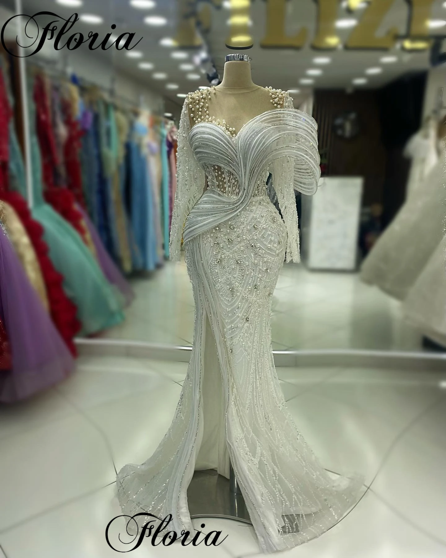 New Fashion White Evening Dresses With Full Sleeves Elegant Engagement Dresses With Pearls Vestidos De Gala Celebrity Dresses