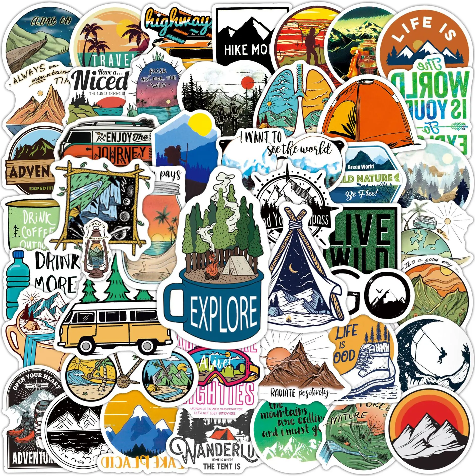 50/100pcs Forest Camping Hiking Stickers Outdoor Travel Beautiful Scenery Decals Water Bottle Phone Laptop Sticker Waterproof