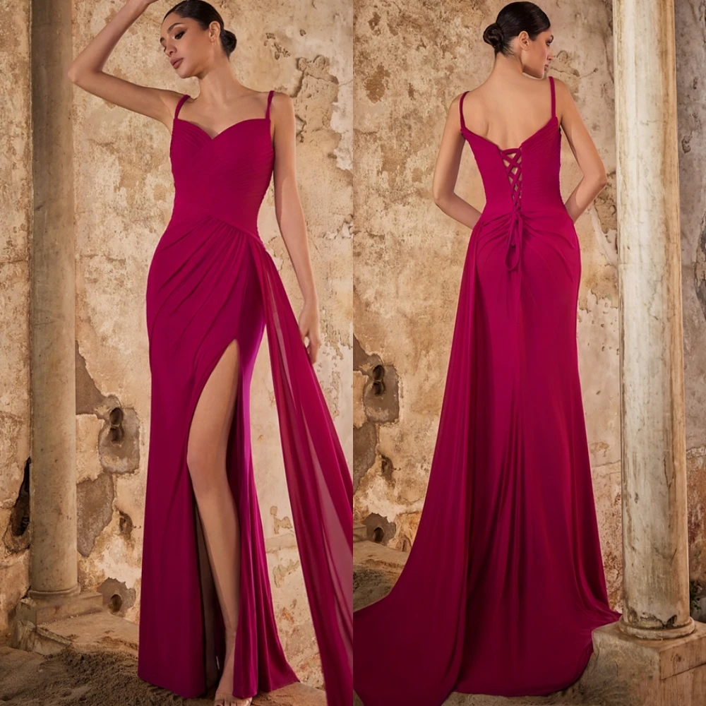 カスタマイズされたセクシーなシフォンマーメイドイブニングドレスクラシックスパゲッティストラップウエディングドレスセクシーなノースリーブ特別な日のドレス