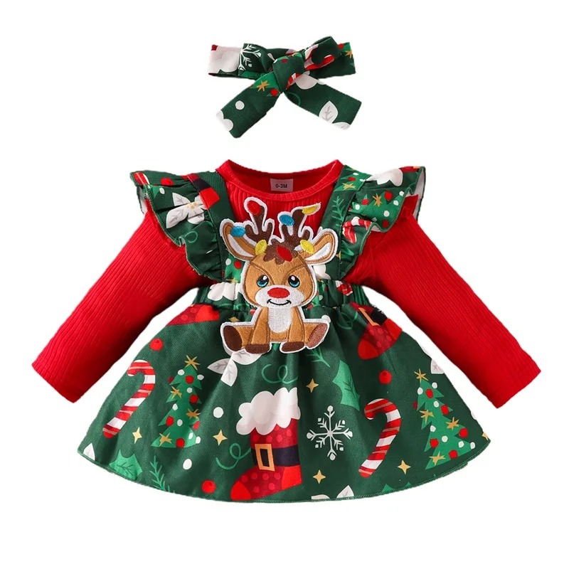 

Baby Girls Fall Outfit Long Sleeve Romper and Christmas Print Patch Suspender Skirt Cute Headband 3 Piece Clothes