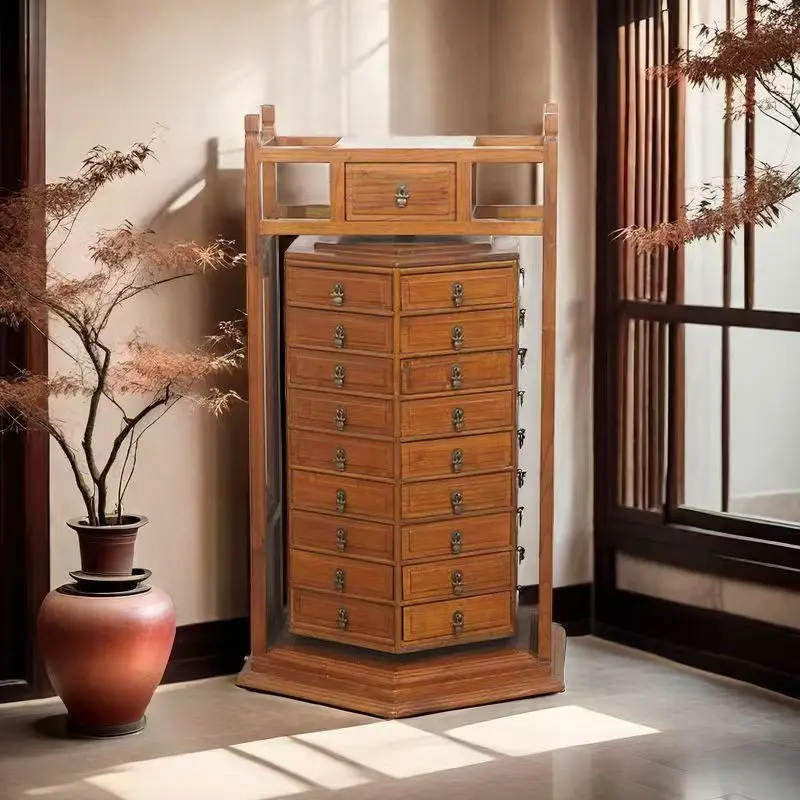 Solid wood medicine cabinet multi-layer rotatable multi-bucket cabinet antique shaft storage cabinet durable