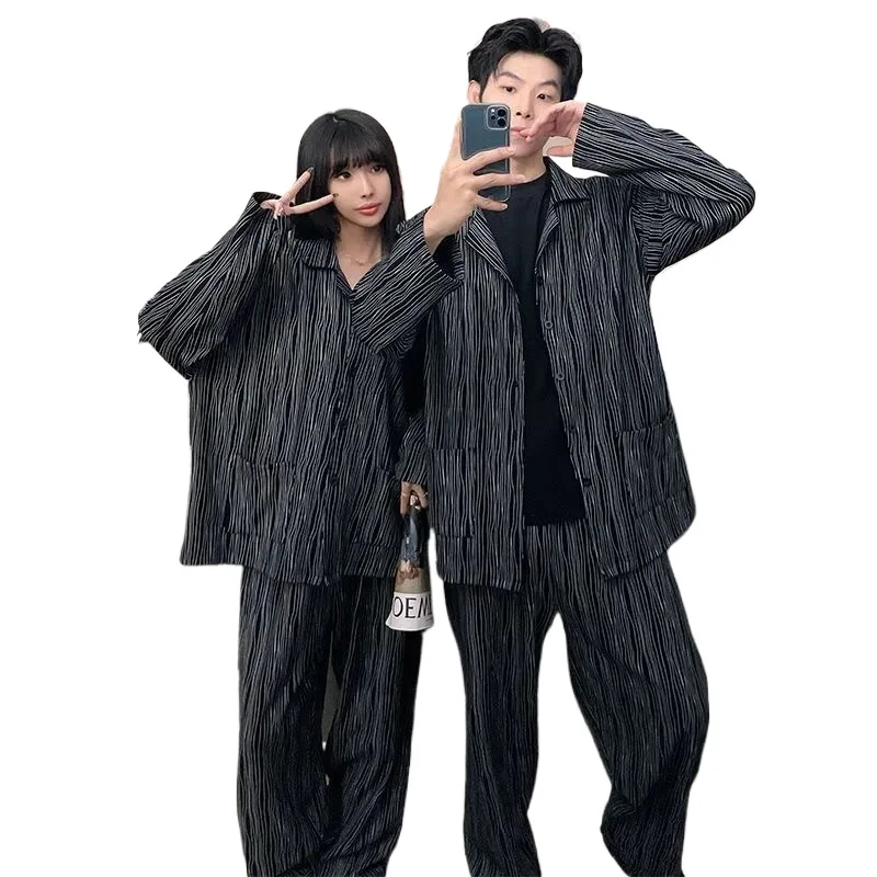 Couple Pajamas for Men Striped Sleepwear Korean Sleeping Night Wear Button Pijama 2 Pcs Pants Sets Autumn Pocket Home Suit 2024