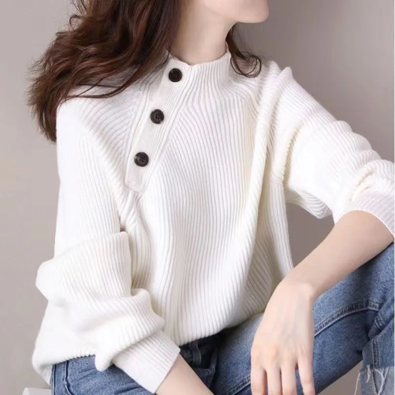 New Autumn/Winter Fashion Design Sense Half High Neck Button Solid Loose Versatile Casual Style Long Sleeve Knitted Sweater