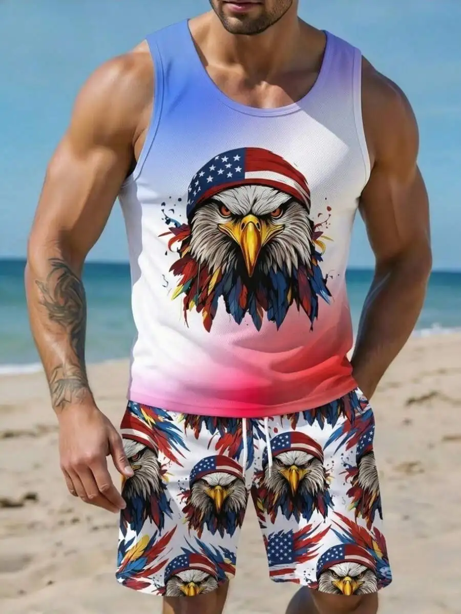 

Mens Patriotic Eagle Graphic Tank Top And Matching Shorts Set, Polyester, Lightweight Breathable Athletic Wear