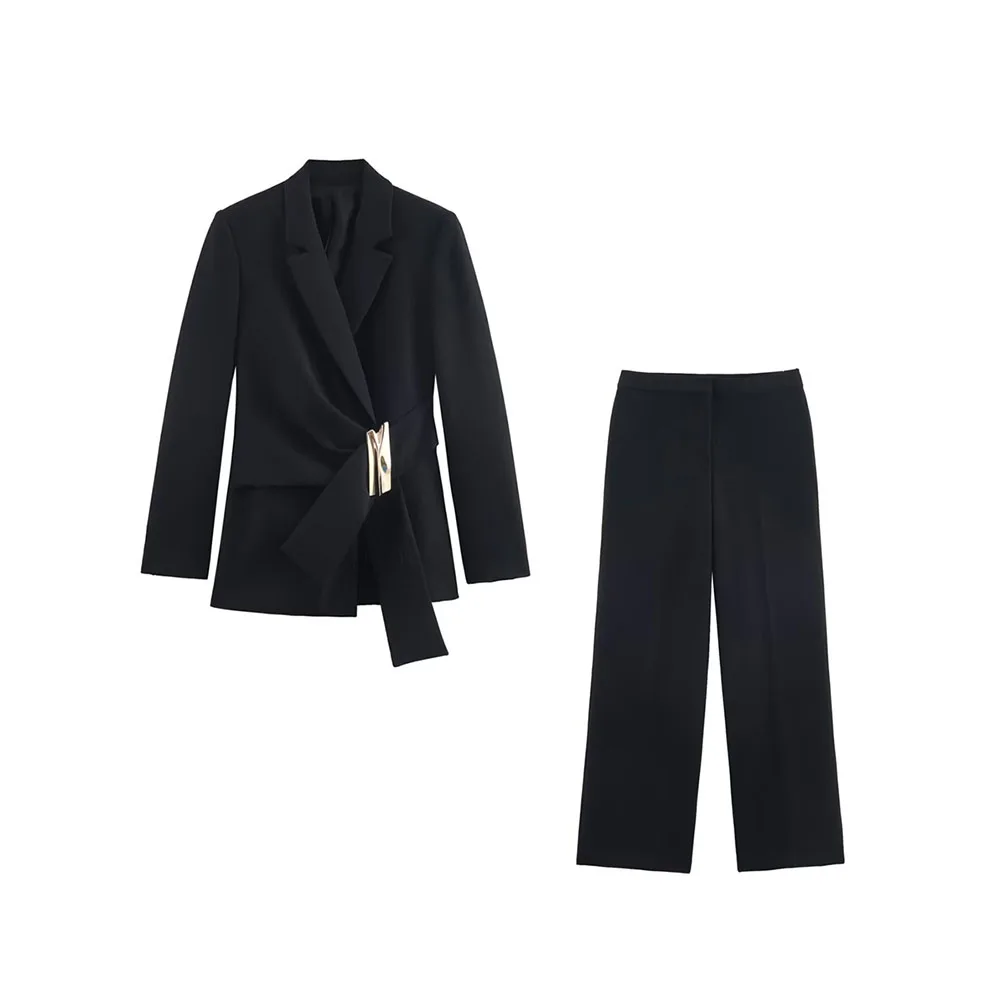 

Autumn new women's French fashion buckle decoration suit jacket and high waisted straight leg pants