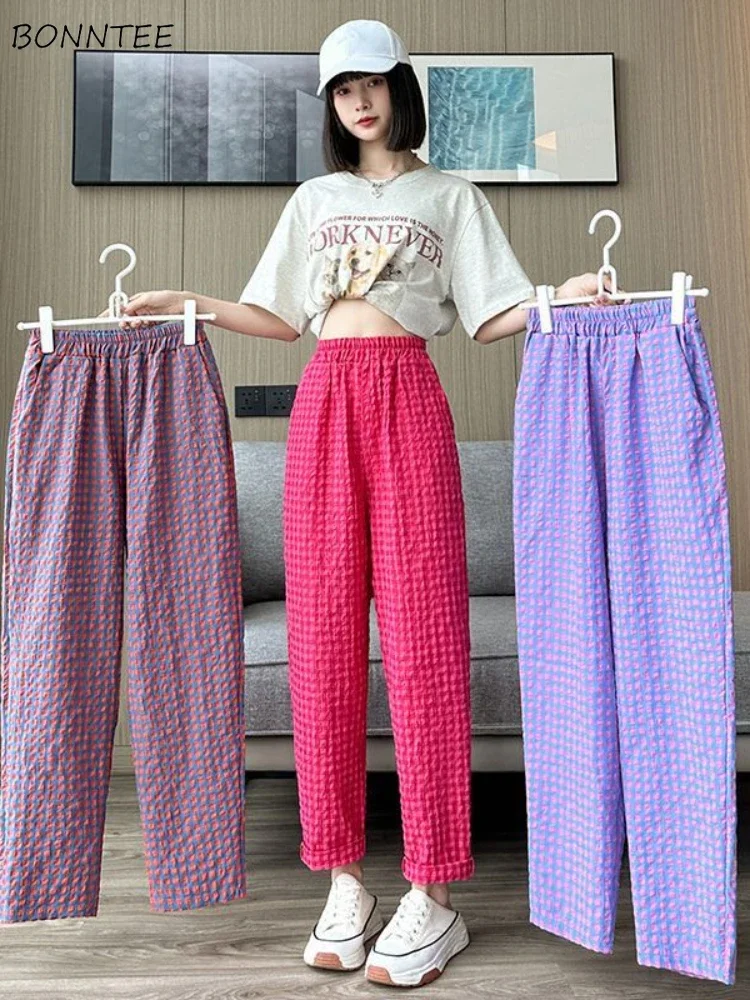 Casual Pants Women Loose Plaid Design Simple Ankle-length Trousers Chic Empire All-match Korean Style Summer Classic Retro Mujer