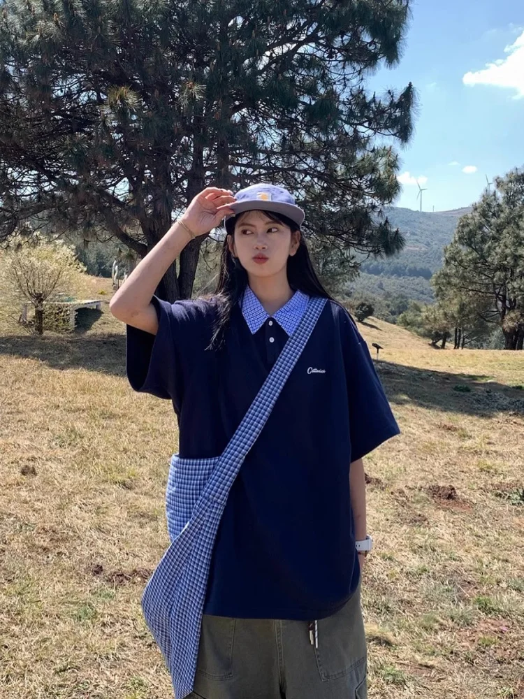 الصيف الأمريكية الرجعية كلية عادية فضفاض العصرية العلامة التجارية كاذبة قطعتين منقوشة المرقعة irt ort Sve T-irt ex