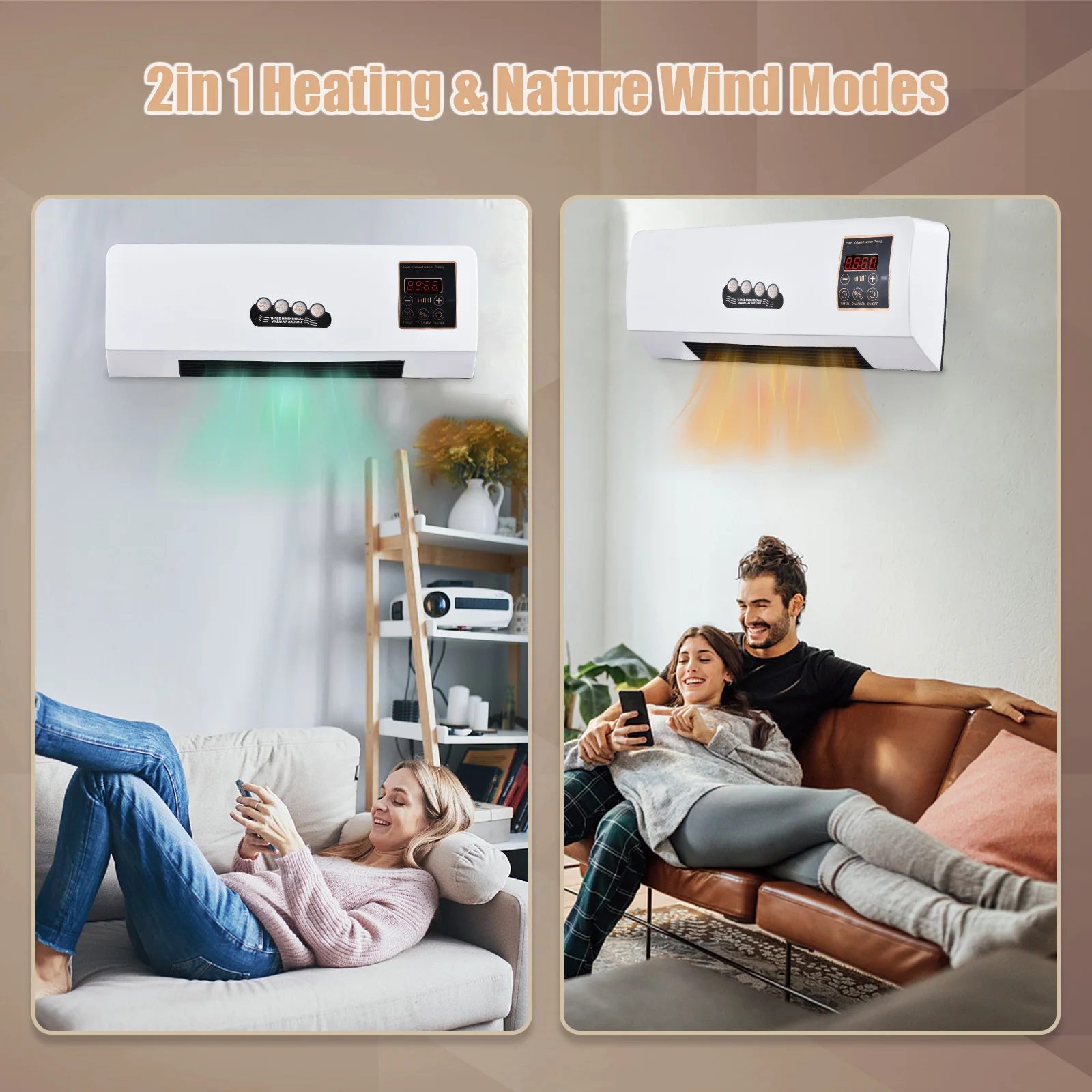 Heater and Fan Combo 1800W 2-in-1 Timing Function Dual Use Wall Mounted Electric Fan and Space Heater for Dormitory Home