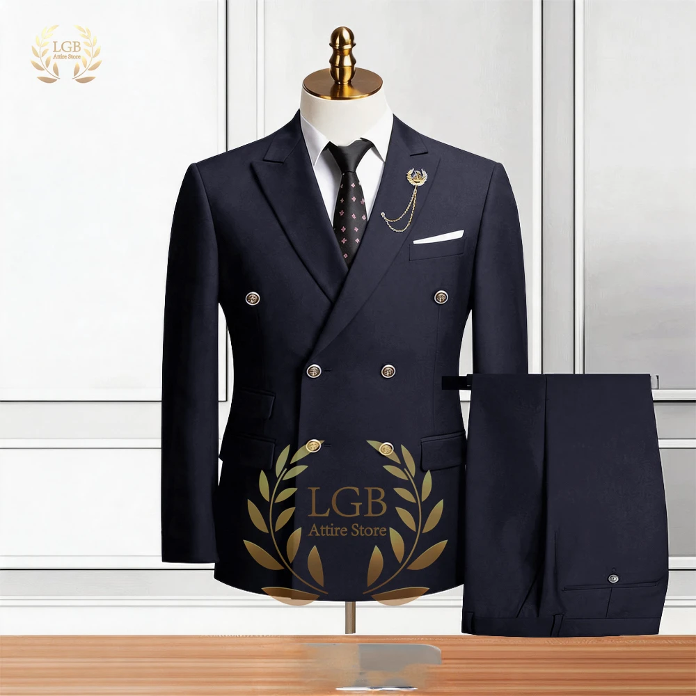 

Men's 2-Piece Premium Double Breasted Suit, Peak Lapel Blazer & Trousers for Corporate Meetings & Dressy Occasions
