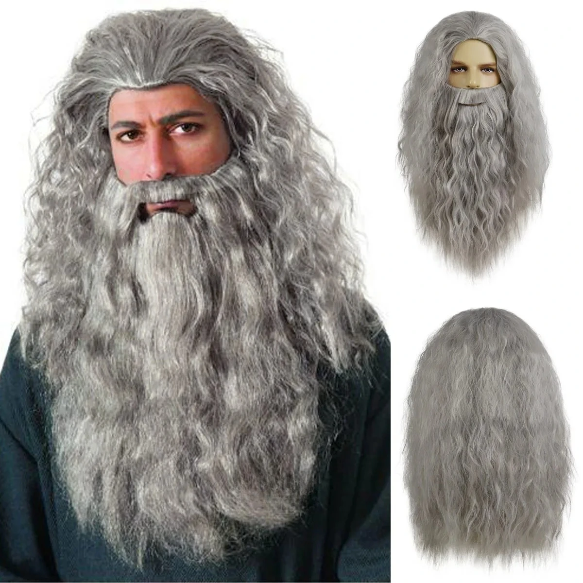 Peluca de Cosplay Dumbledore, pelo sintético, escuela de Halloween, disfraz de mago Gandalf, peluca para hombre Albus, pelucas de barba gris de onda larga para hombres