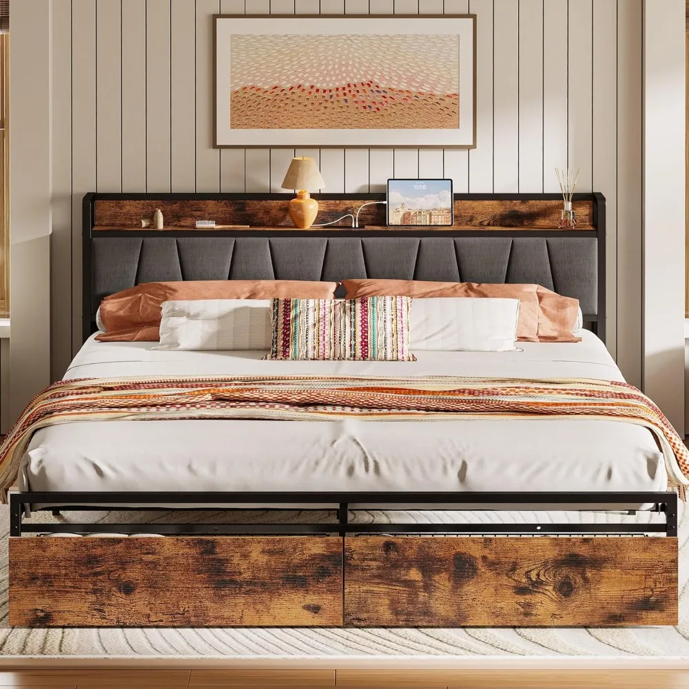 King Size Bed Frame, Storage Headboard with Charging Station, Platform Bed with Drawers, No Box Spring Needed, Easy Assembly