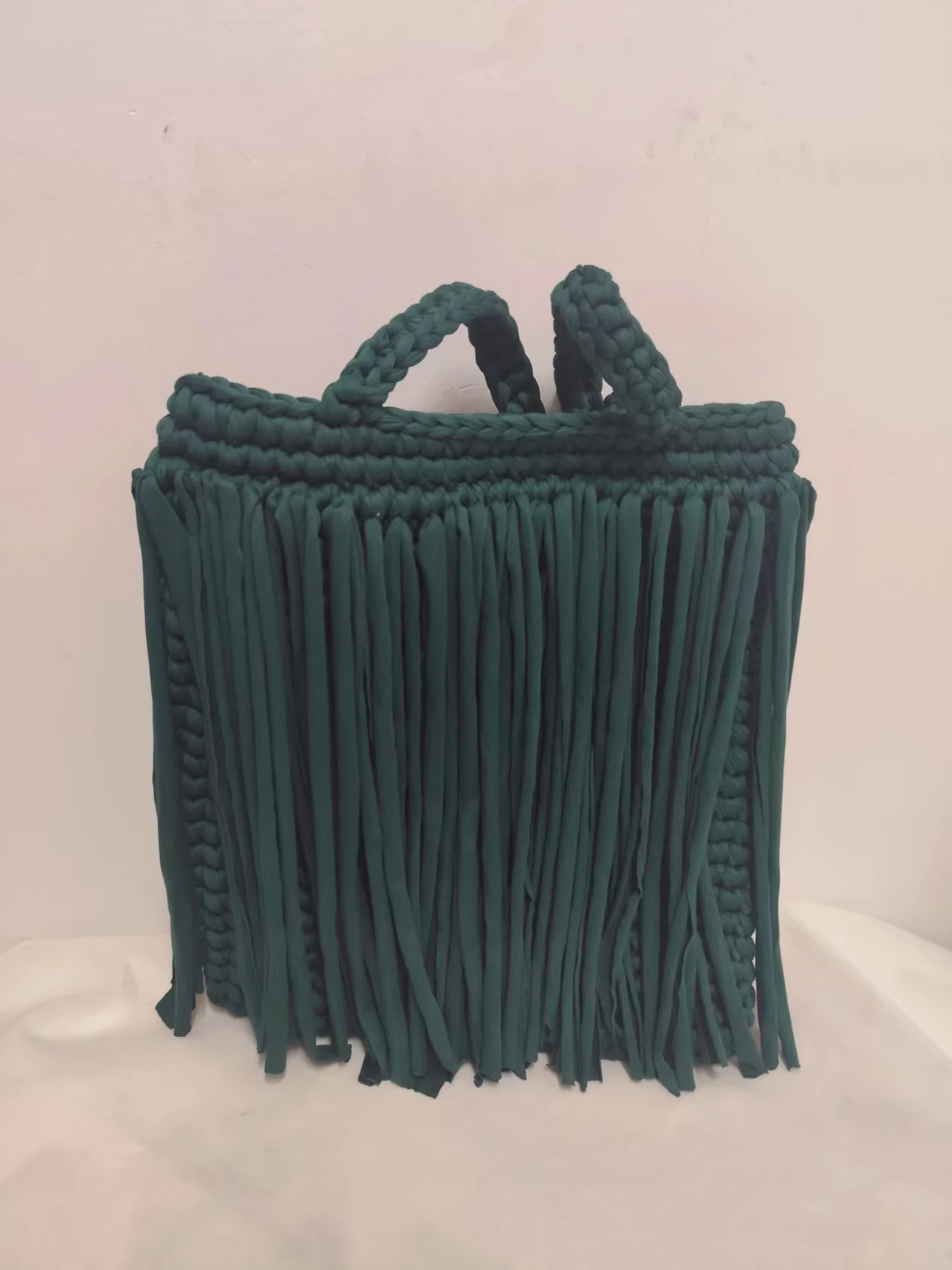 Yiwu Yingzi Dark Green Tassel Fabric Strip Woven Tote Bag, Hand Crochet Large Capacity Handbag for Women