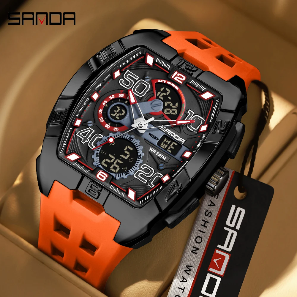 SANDA Fashion Men's Dual Display Sport Digital Watch TPU Large Dial Luminous Chronograph Multi-function Electronic Wristwatch