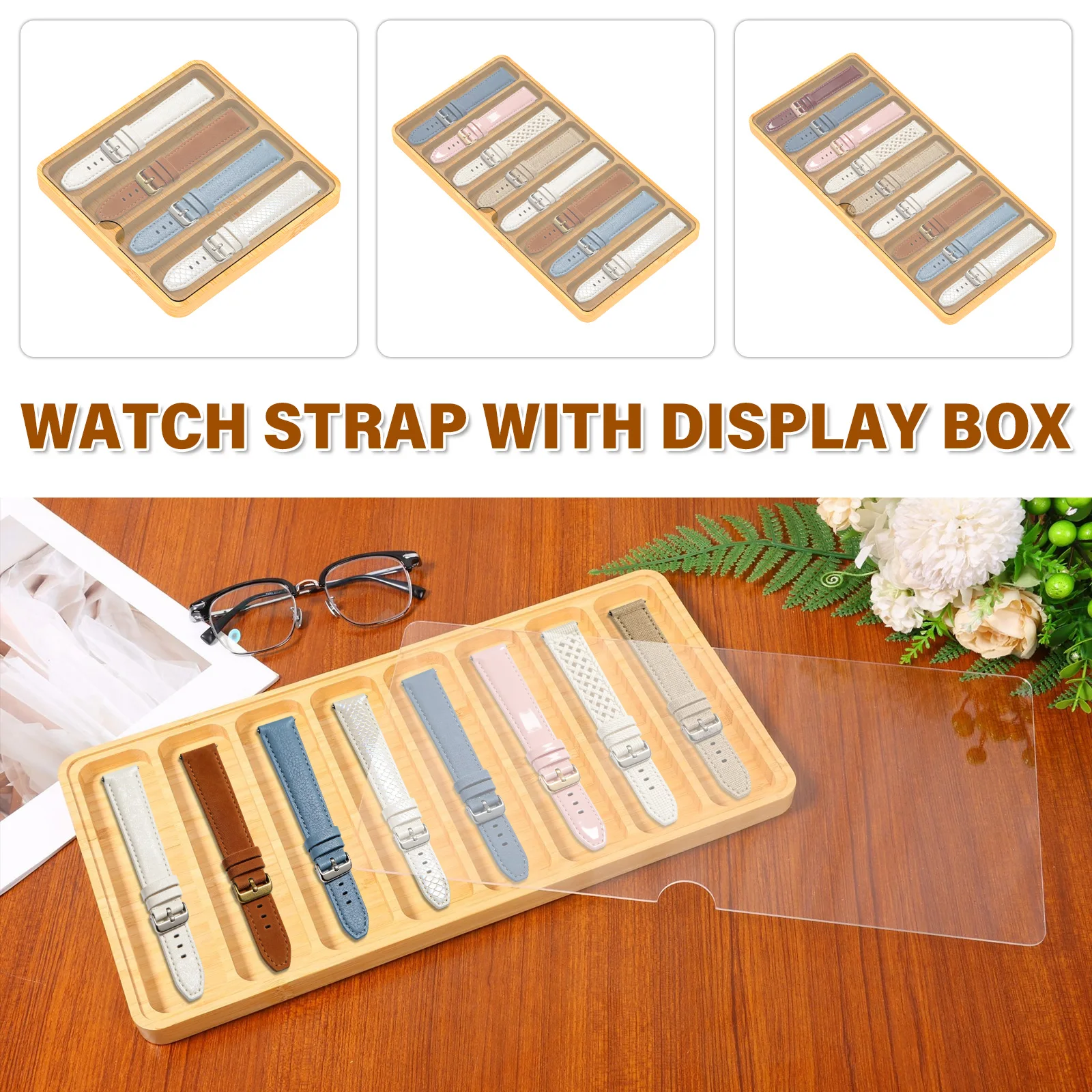 Wooden Watch Band Organizer Watch Band Display Storage Case Tray with Acrylic Top Lid Multi Slot for Home Office Shop Fit