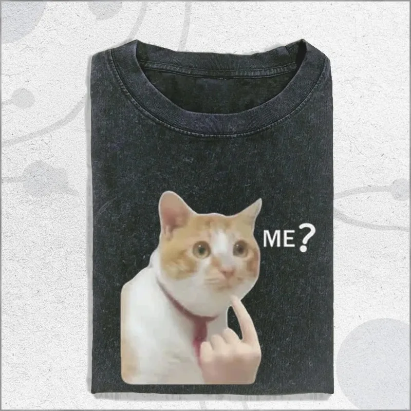 Vintage Wash Confused Cat Shirt, Funny Meme Cat Graphic Tee, Summer Men's and Women's Washed T-shirt Top