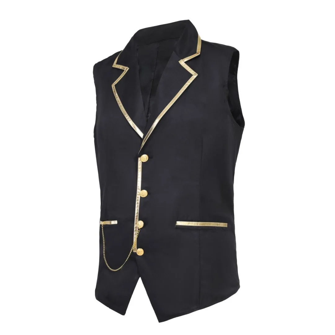 

Unisex Gold Trim Suit Vest With Chain Waiter Bartender Restaurant Hotel Work Uniform Formal Sleeveless Waistcoat