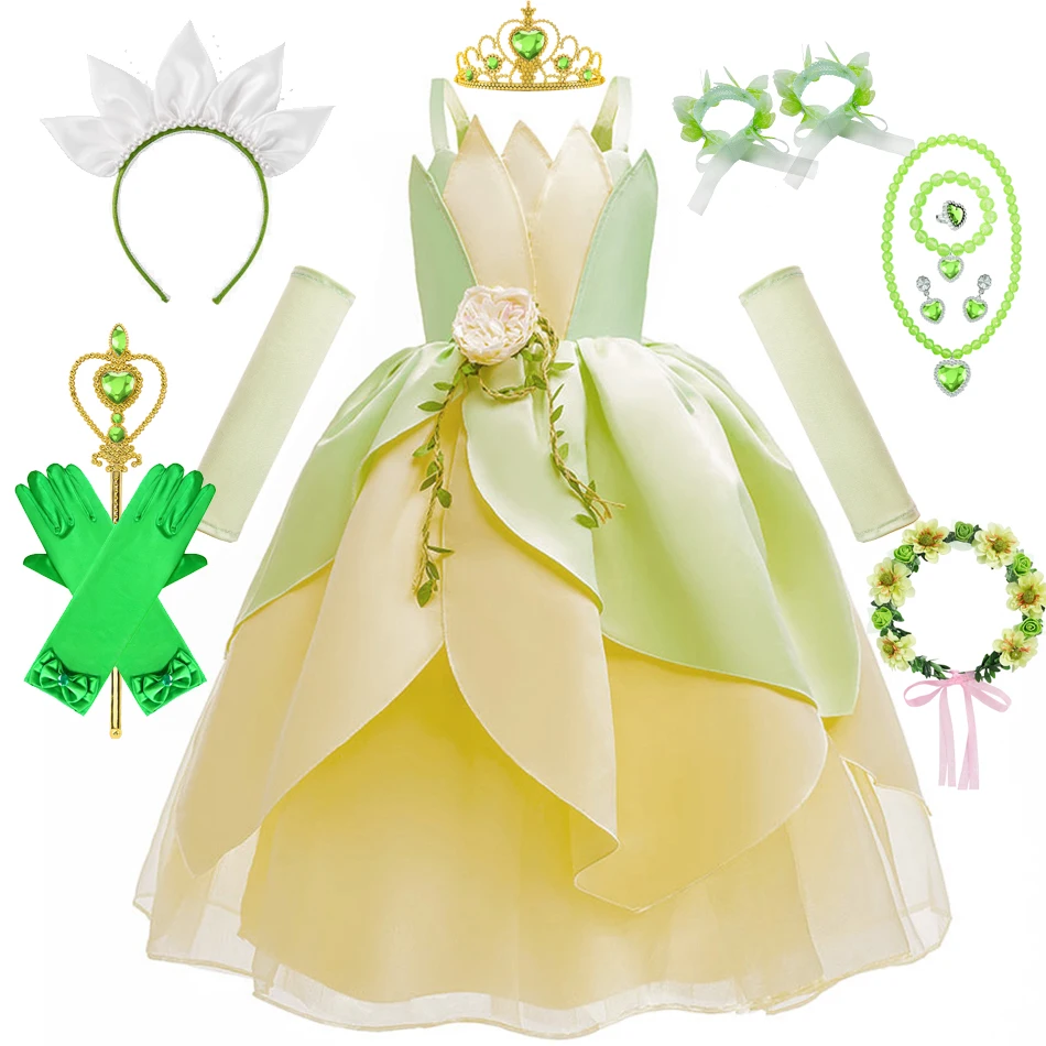 Kids Girl Tiana Dress for Girls Birthday Party Halloween Ball Gowns Evening Birthday Fancy Layered Costume Floral Fairy Clothing