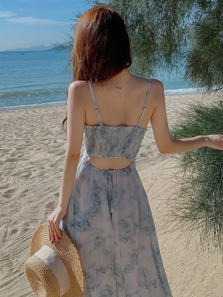 Floral Sling Skirts Seaside Vacation Backless Dress Sanya Tourism French sle  Slimming Sexy Beach Skirt